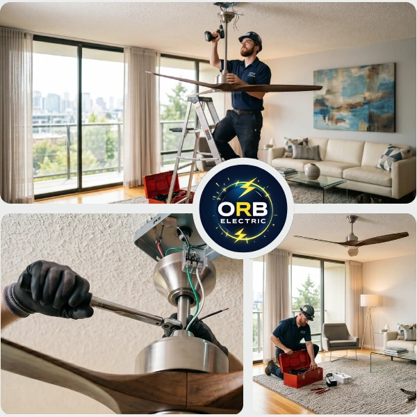 Electrician installing residential ceiling fan