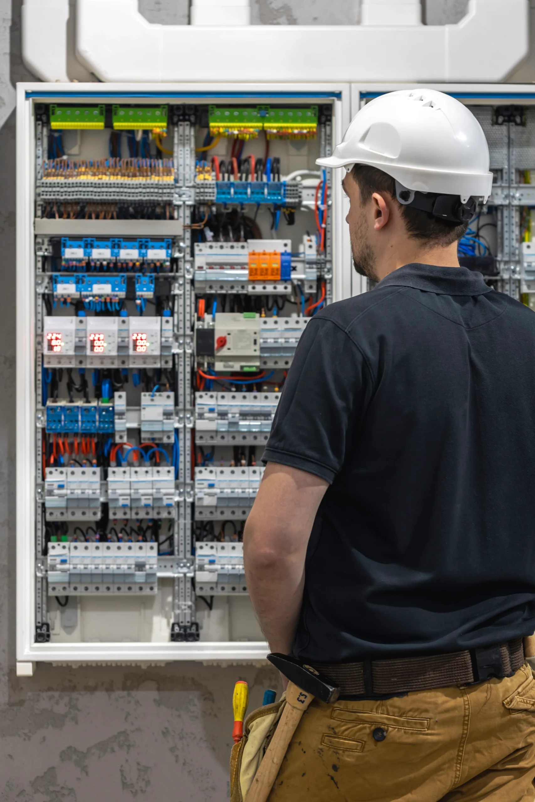 Licensed electrician inspecting generator panel
