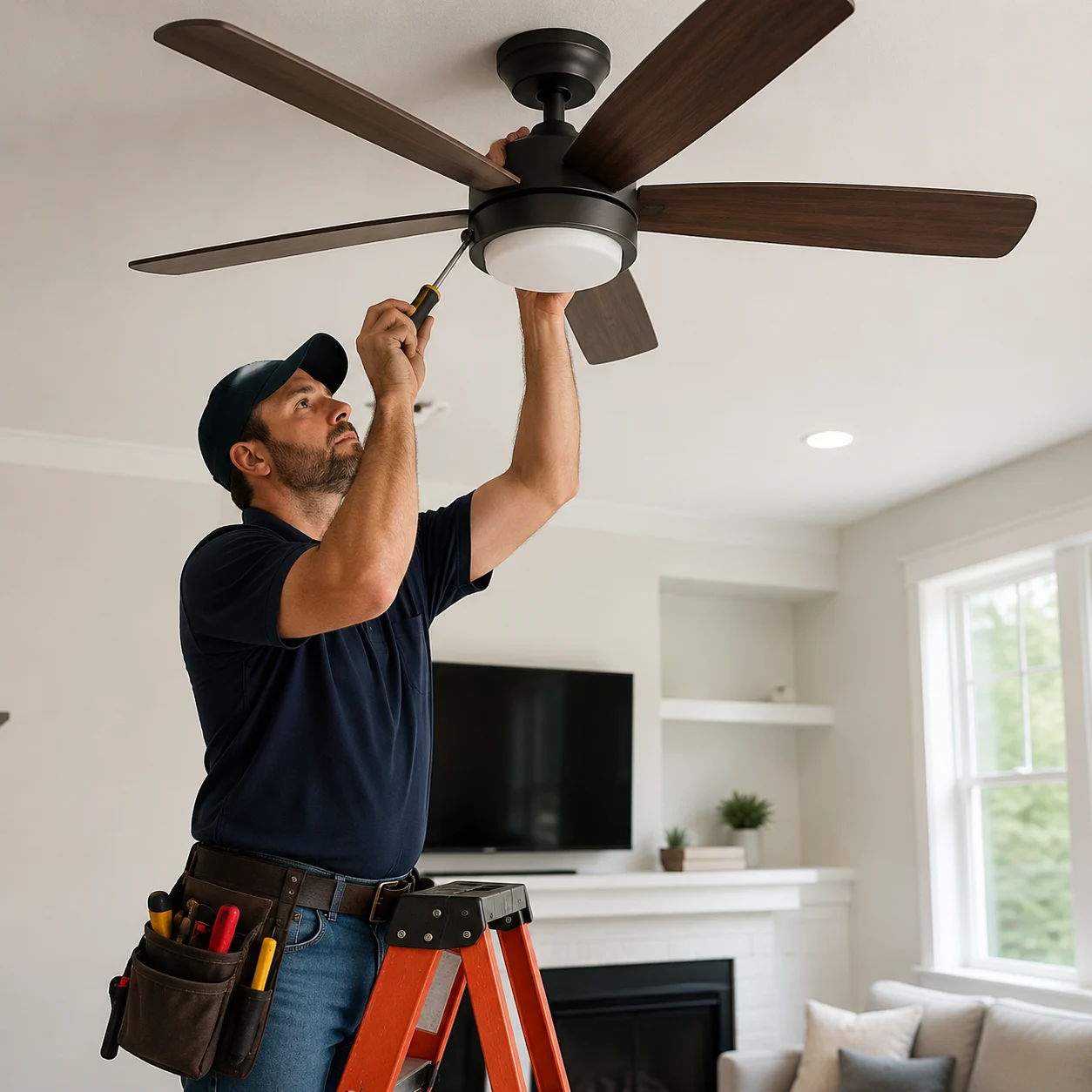 Ceiling fan mounted on vaulted ceiling