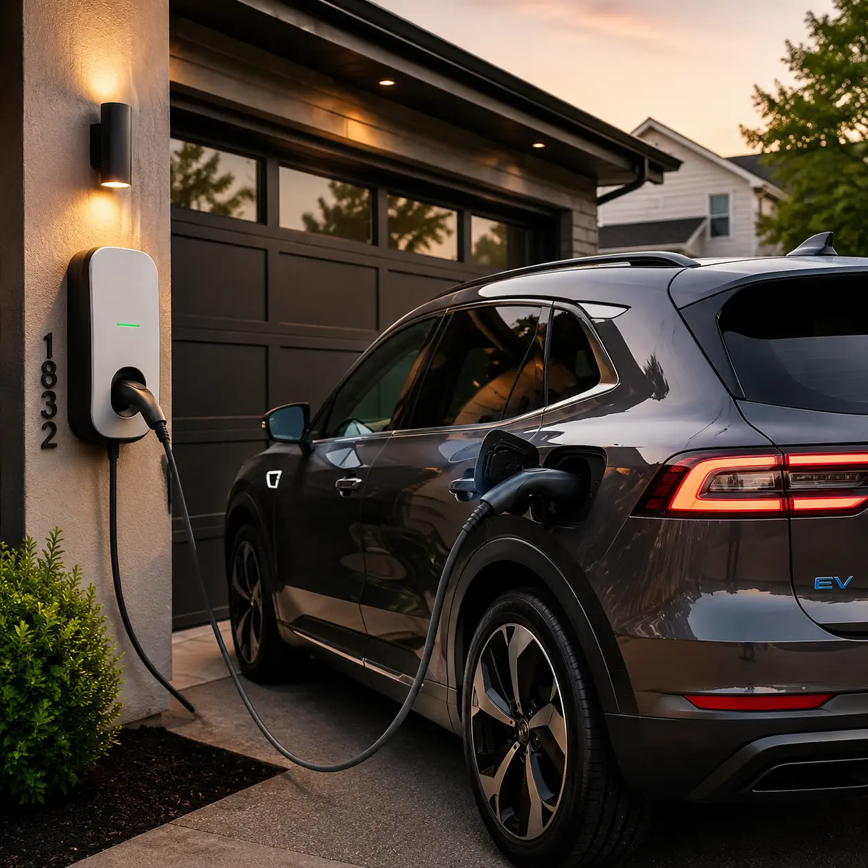 Home EV charger connected to electric vehicle